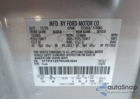 2006 Ford F-150 Lariat/Xl/Xlt из США, поврежденный, VIN 1FTPX12576NA83544